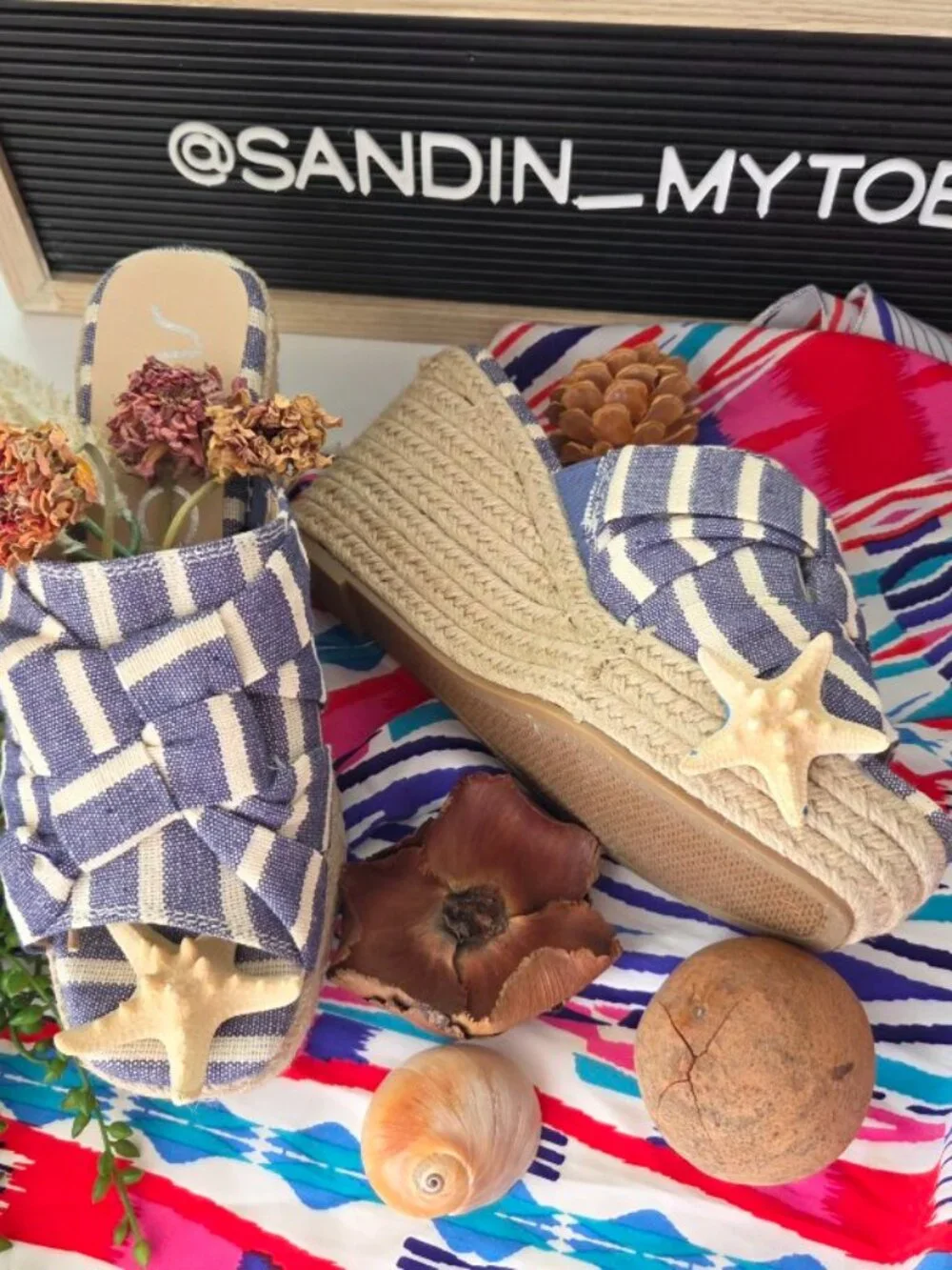 Sugar I Wedge Jute, Canvas Twist Blue and White/Cream Stripe Wedge Sandals 8.5